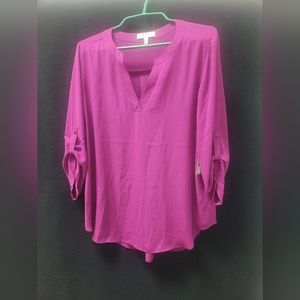 Chaus New York 3/4 Sleeves Button Accent Purple Knit V Neck Blouse W/L NWT